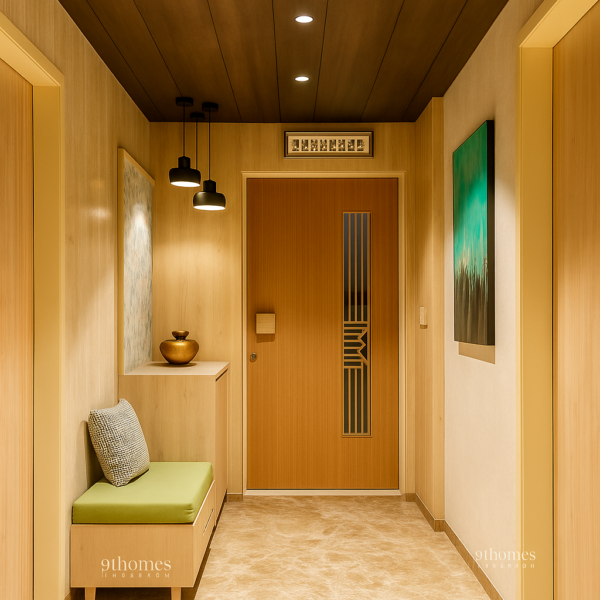 Warm wooden foyer with green cushion bench, marble floor, and pendant lighting