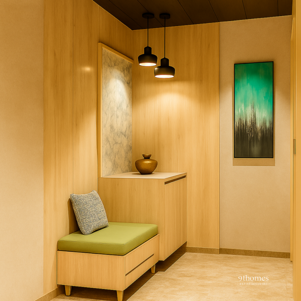 Entryway with light oak panels, green seating, and decorative niche in beige tones