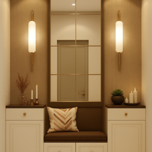 Elegant beige entryway with grid mirror, brown cushion bench, and gold wall sconces
