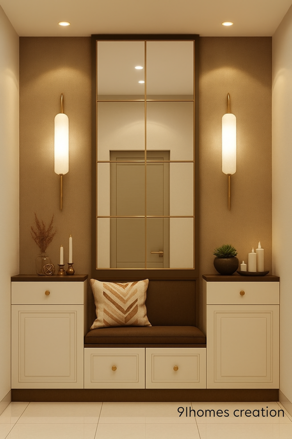 Elegant beige entryway with grid mirror, brown cushion bench, and gold wall sconces