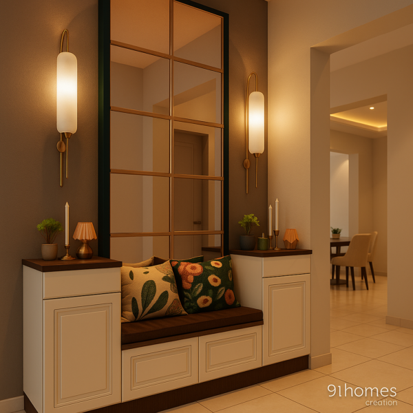 Beige laminated entryway with storage cabinets, vertical mirror, and warm lights