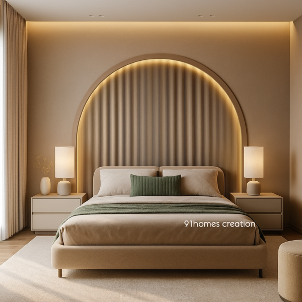 Beige Arched Bed Back Wall with Fluted Panels and LED Lights