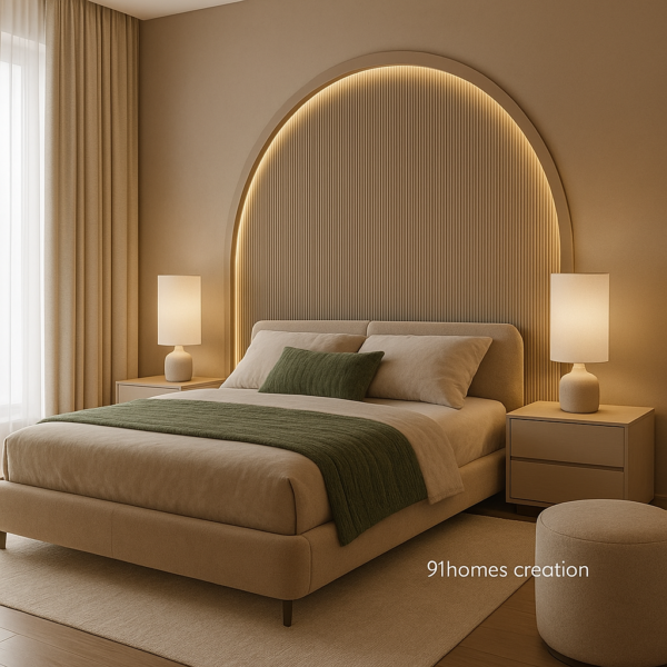 Modern bed back wall with arch design and warm light finish