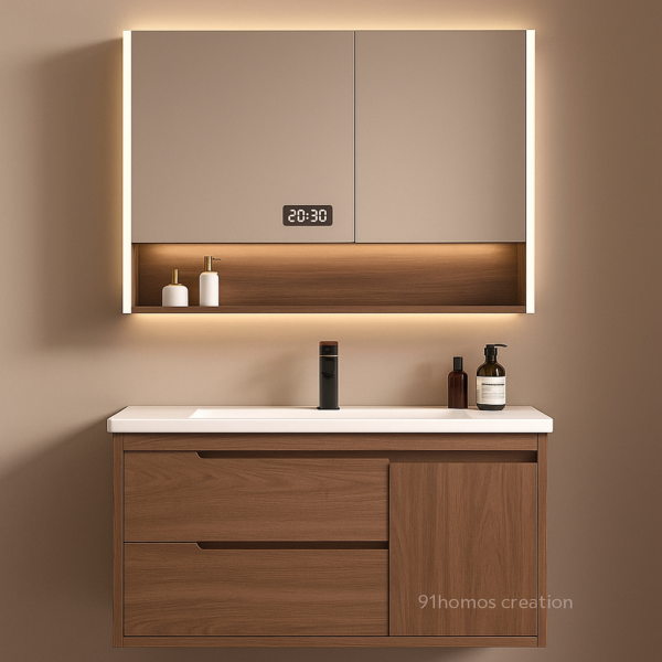 warm walnut floating vanity with LED mirror and white countertop