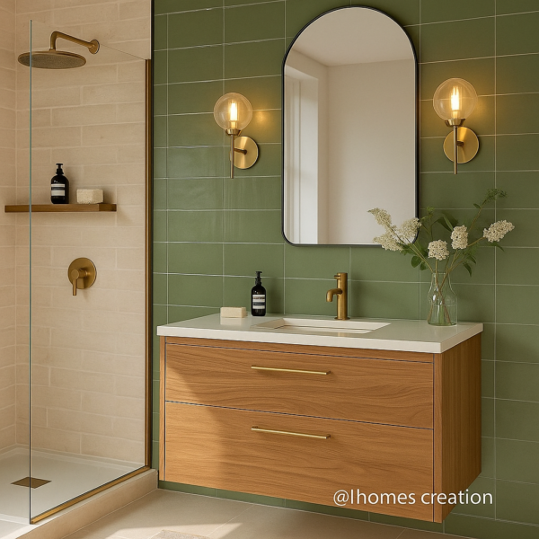 Modern wall-mounted vanity with white countertop and oval LED mirror
