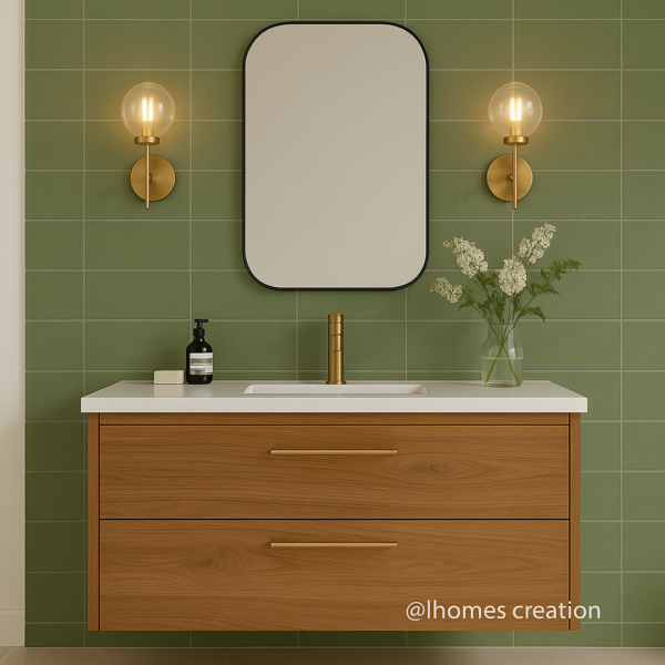 Contemporary Wall-Mounted Vanity with brass fixtures and green subway tile wall