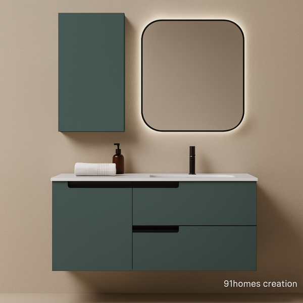 Matte teal floating vanity with square LED mirror and black tap