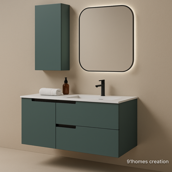 Side angle of modern wall-mounted bathroom cabinet with white top