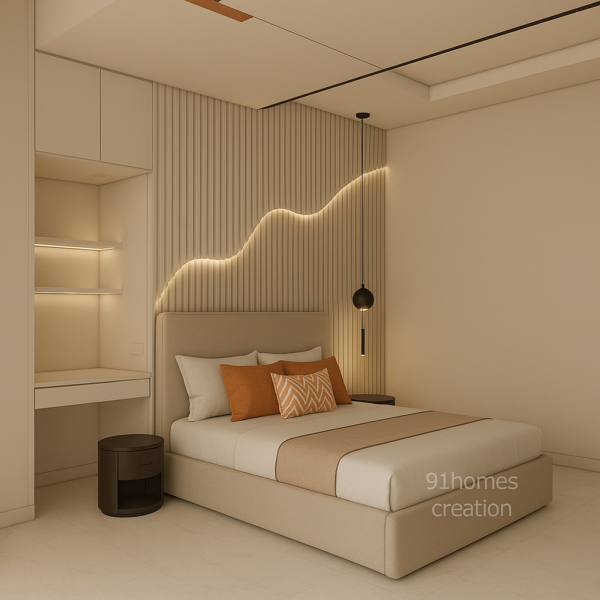Luxury upholstered bed back wall with orange pillows and pendant lights