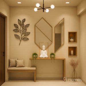 Beige Buddha foyer with wooden floating console and geometric mirrors