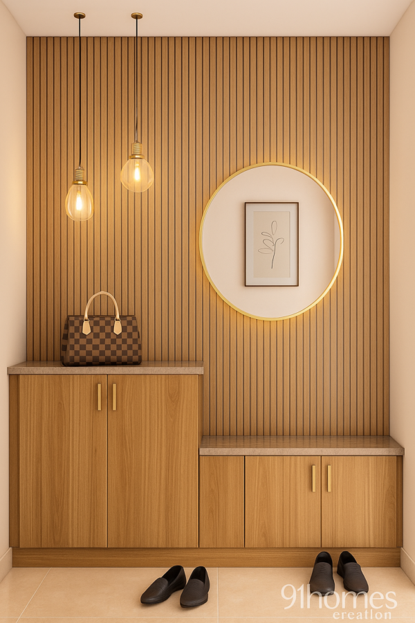 Golden round mirror foyer on vertical wooden slat wall in modern foyer design
