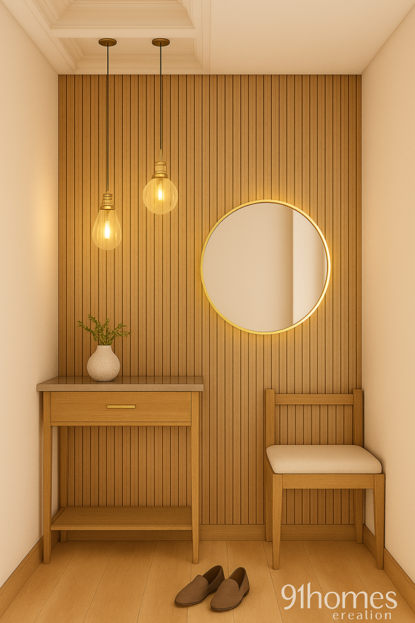 Contemporary wooden foyer with golden mirror, pendant lights, and shoe cabinet