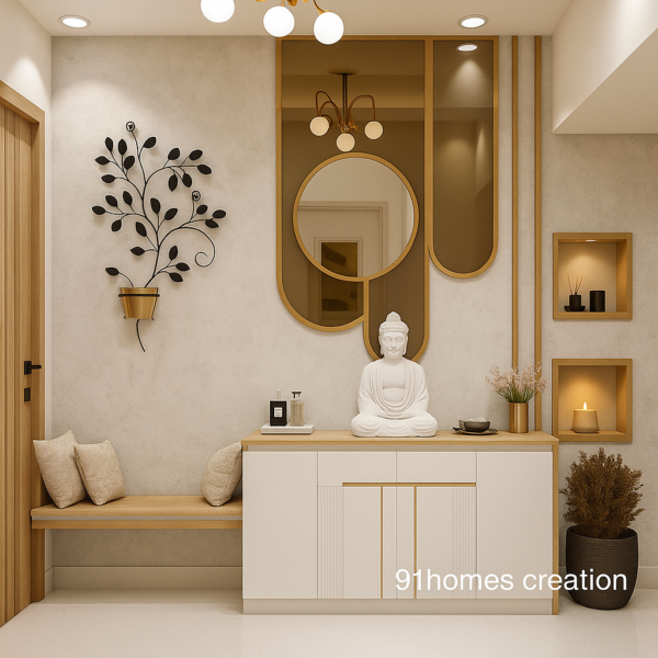 Minimal Buddha console foyer with white cabinet and gold mirror décor