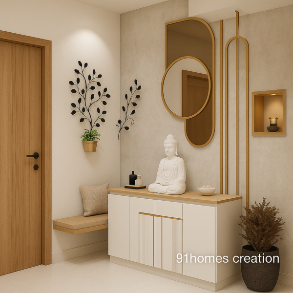 White and gold entryway unit with Buddha statue and circular mirror