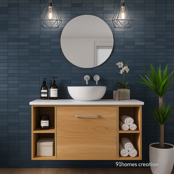 modern light oak vanity with white countertop and round vessel sink against blue tile wall