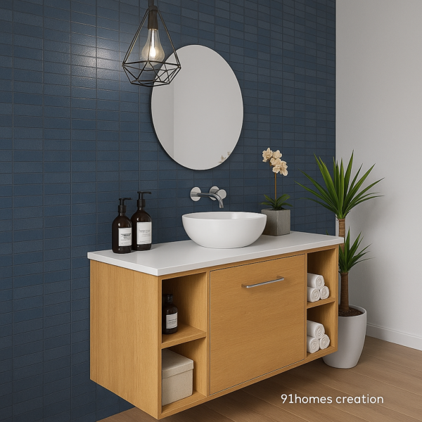 Modern wooden wall-mounted vanity with open shelves, matte finish, and circular LED mirror