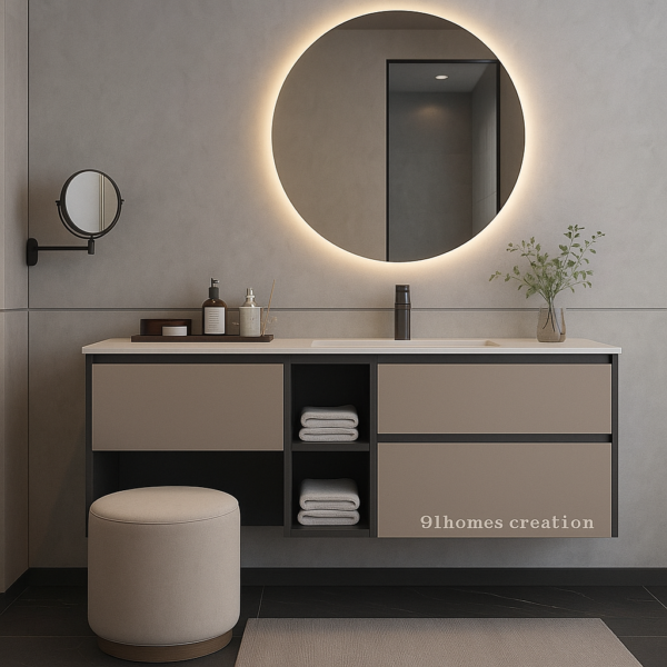 taupe floating vanity with round LED mirror and matte finish