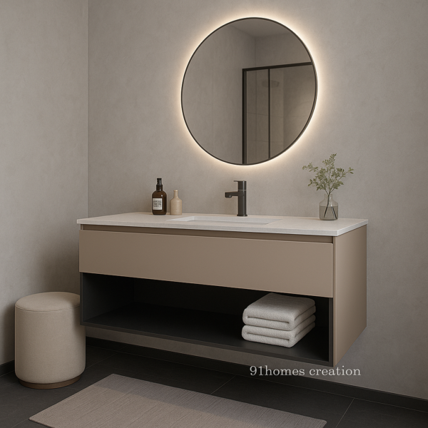 Side view of wall-mounted vanity with beige drawers, quartz countertop, and soft-glow backlit mirror