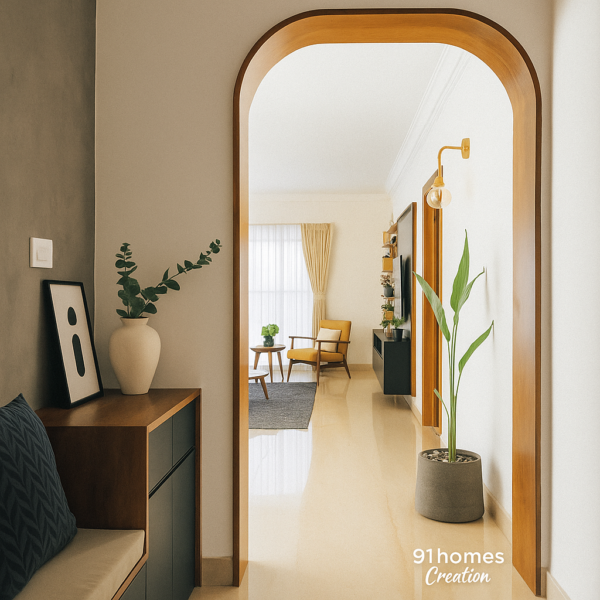 Warm entryway foyer with beige flooring, wooden arch, and indoor plant