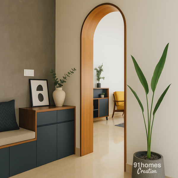 Modern hallway with built-in bench, grey textured wall, and yellow chair
