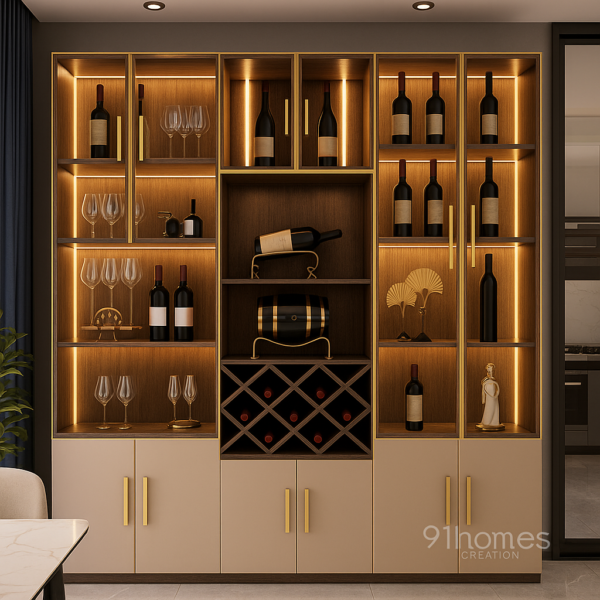 Beige and Walnut Matte Bar Unit with LED lighting and wine rack.