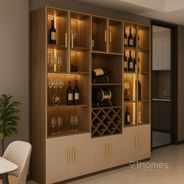 Contemporary wooden bar unit with golden handles and glass shelves.