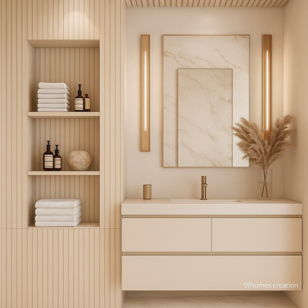 Warm Beige Floating Vanity with brass faucet and marble wall in modern bathroom