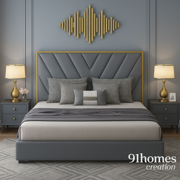 Grey Upholstered Bed Back Wall with Gold Trim
