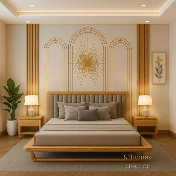 Beige and Gold Bed Back Wall Design with Arch Mouldings
