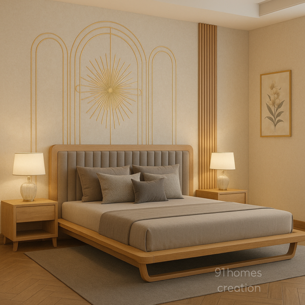 Art Deco inspired bed back wall with sunburst golden design and grey headboard