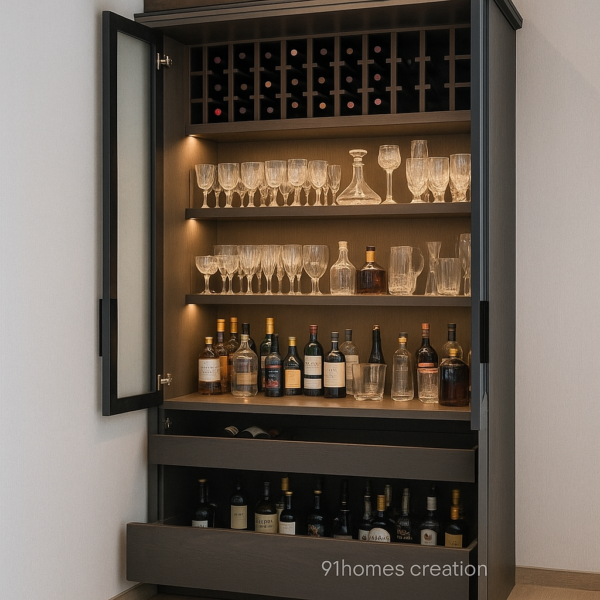 Tall Dark Wood Bar Unit with Glass Front with glass door, built-in wine rack and LED lighting.