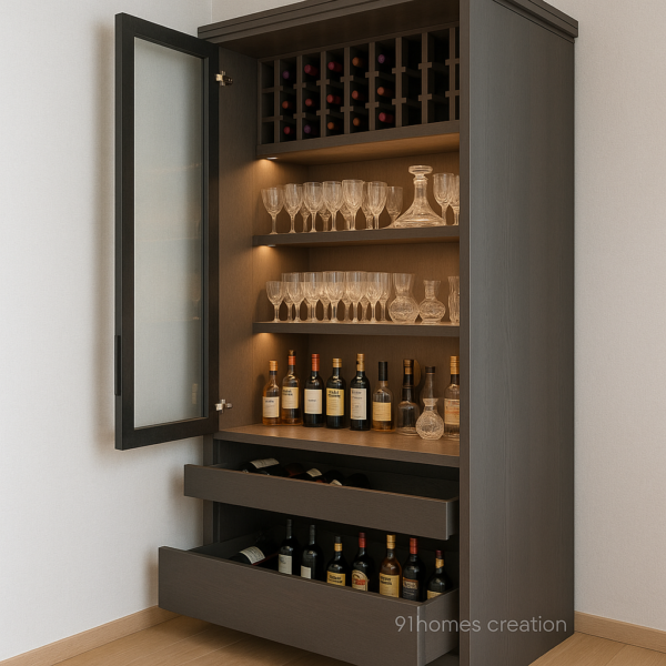 Tall matte finish bar unit with glass shelves, liquor bottles and wine storage drawers.