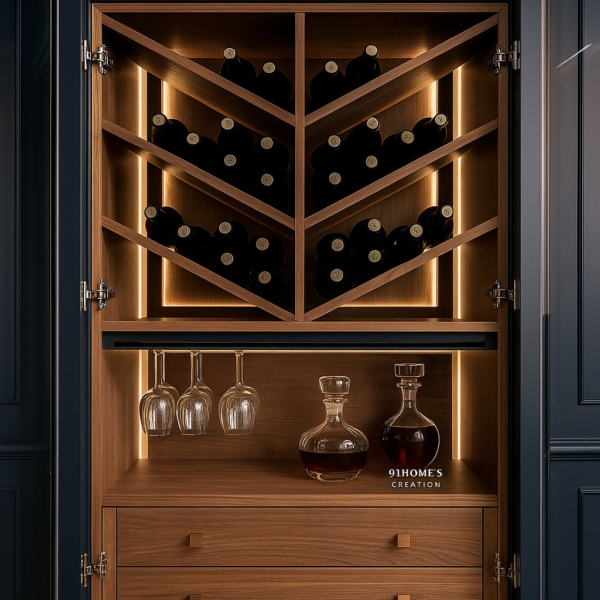 Walnut and Navy Matte Bar Unit with chevron wine rack and LED lighting