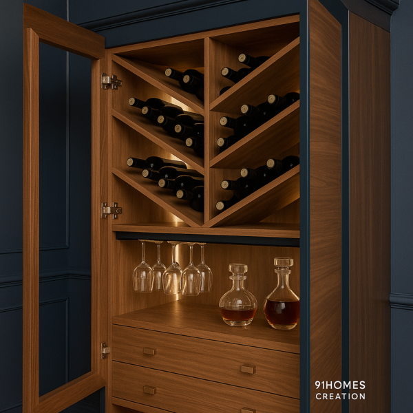 Modern navy blue and wooden liquor unit with glass holders and decanters