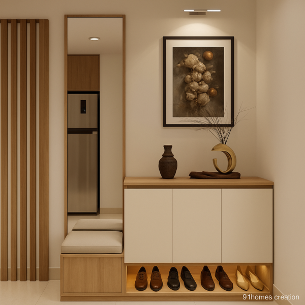 Elegant beige entryway foyer with wooden shoe cabinet and tall mirror