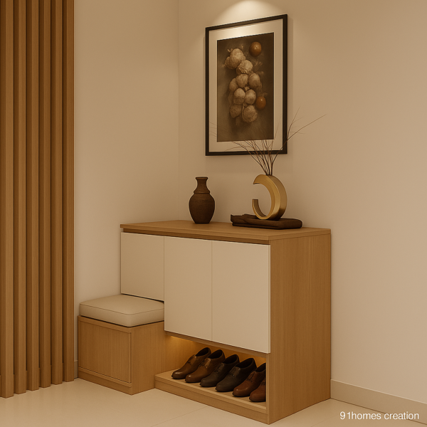 Modern entryway design with beige cushioned bench and ambient lighting