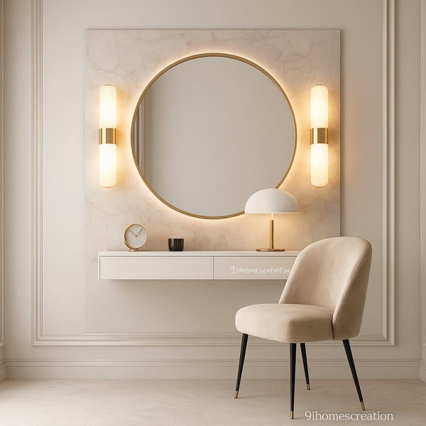 Beige vanity foyer with round backlit mirror and wall sconces