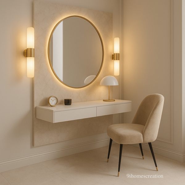 Floating white vanity drawer with marble backdrop and gold fixtures