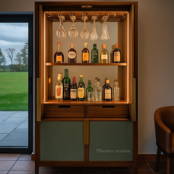 Mid-century modern wooden bar unit with green matte cabinet and glass holders