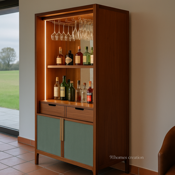 Standing walnut finish bar cabinet with brass accents and LED-lit shelves