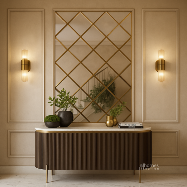 Lux beige foyer with golden grid mirror and fluted wood console