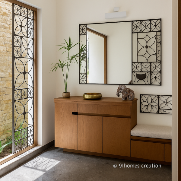 Natural wood finish cabinet in foyer with metal frame mirror and marble flooring