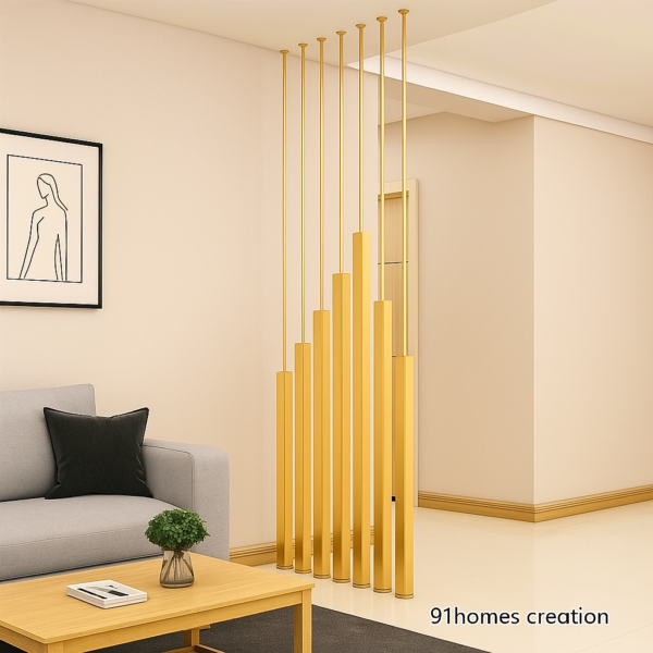 Decorative gold partition rods with varying heights in a minimalist living room.