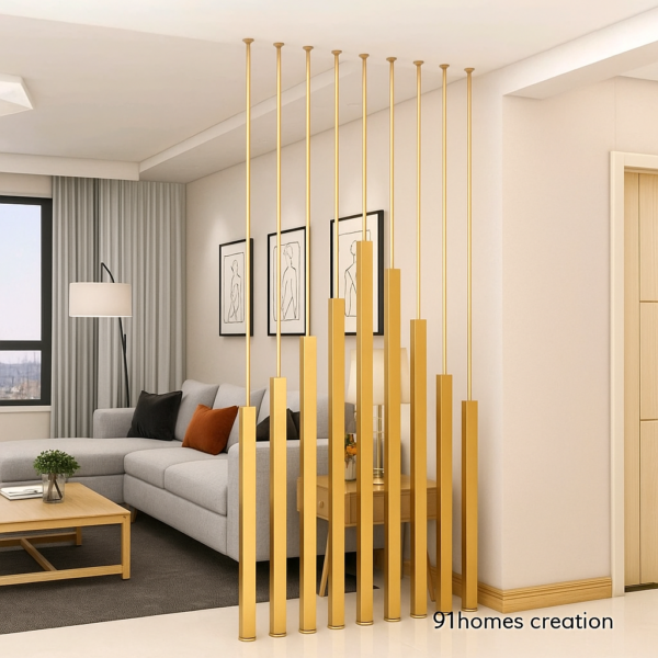 Gold Vertical Rod Partition for Modern Beige Living Room