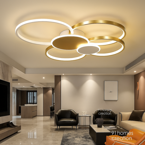 Designer ring ceiling light in a modern living room setup