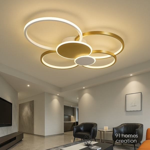 Golden and white circular LED ceiling light with layered rings