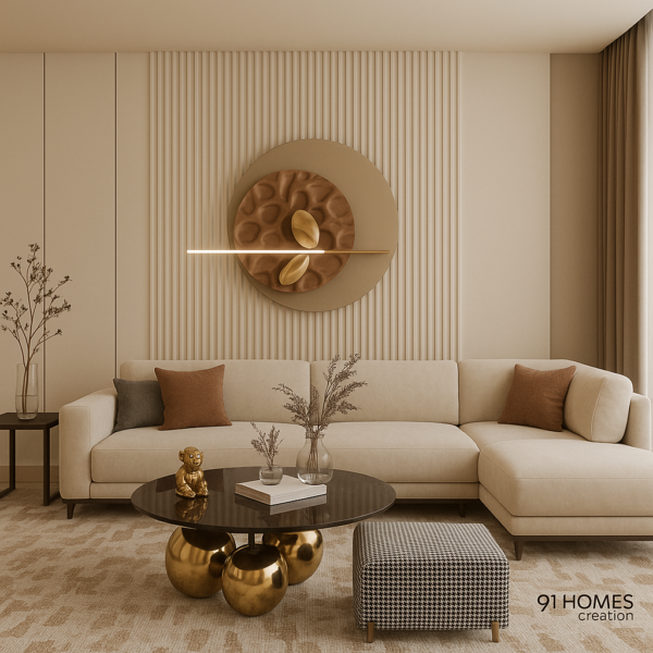 Beige Sofa with Textured Wall with gold accents and circular wall art in luxury living room