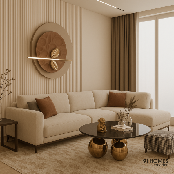 Side view of neutral tone living space with textured wall panels and velvet cushions