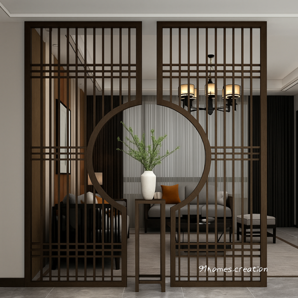 Dark Wood Circular Room Divider with Vase Stand – Modern Partition Design