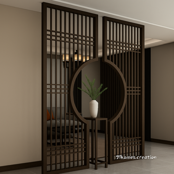 Teakwood room divider with modern circular design and vase display
